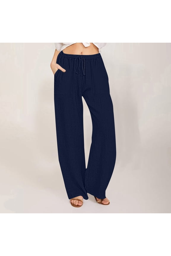 Women Plus Size Cotton Linen Wide Leg Pants Casual Loose Fit Elastic High Waist Drawstring Palazzo Pants Trousers Womens Clothes
