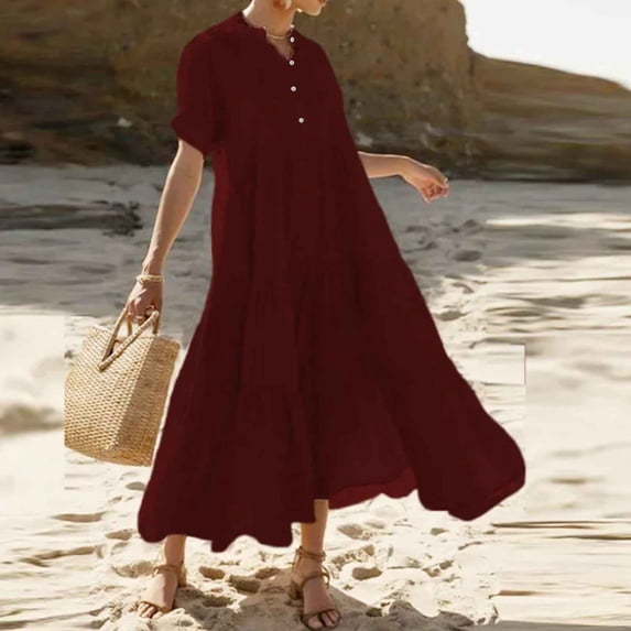 HERESOM Women Summer Dresses for Women's Fashion Casual Solid Color Button Fold Summer Short Sleeve V Neck Dress