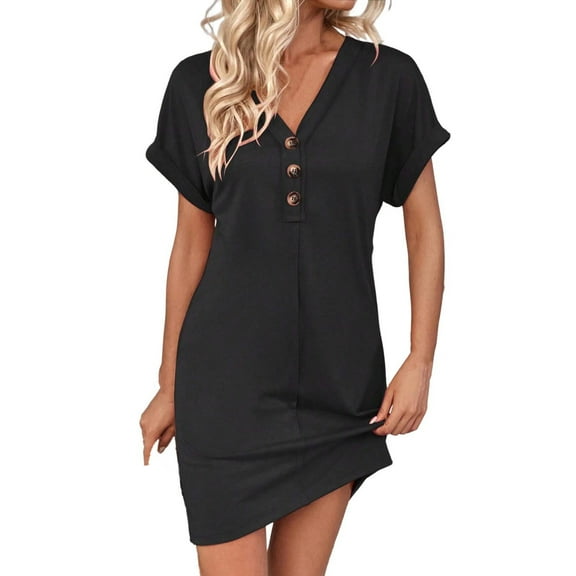 HERESOM Women Summer Dresses for Women's Fashionable Solid Color Short Sleeved Raglan V neck Button Up Dress