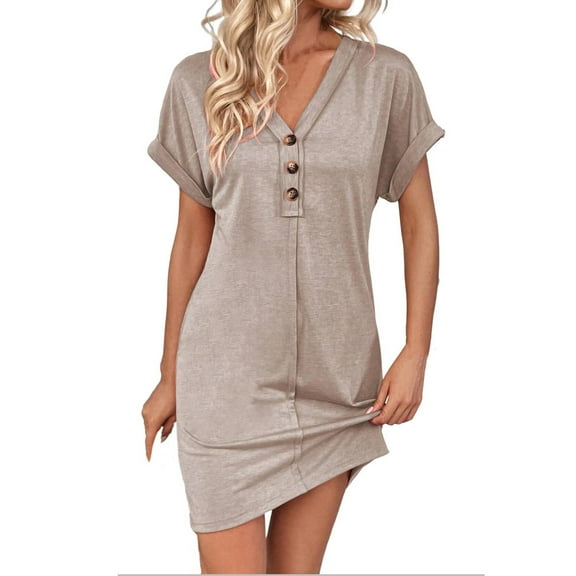 HERESOM Women Summer Dresses for Women's Fashionable Solid Color Short Sleeved Raglan V neck Button Up Dress
