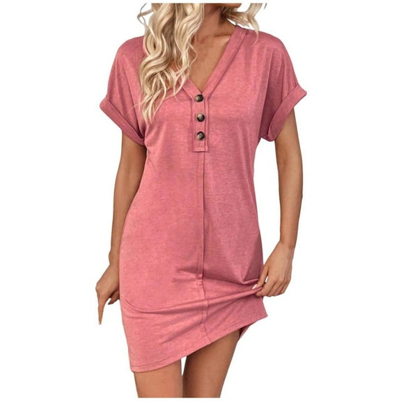 HERESOM Women Summer Dresses for Women's Fashionable Solid Color Short Sleeved Raglan V neck Button Up Dress