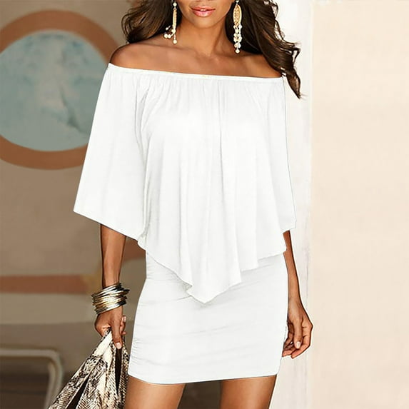 HERESOM Womens Summer Short Dress Fashion Women Casual Solid Short Sleeve One Shoulder Buttocks Mini Dress