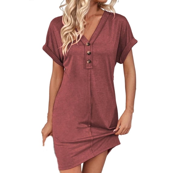 HERESOM Womens Summer Short Dress Women's Fashionable Solid Color Short Sleeved Raglan V neck Button Up Dress