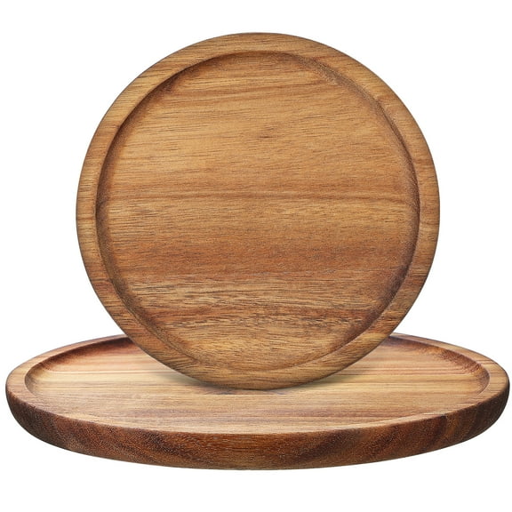 HERFIER 2 Pcs Round Wooden Trays for Decor Wood Serving Trays Circle Containers for Kitchen Countertop Coffee Table 5.9x5.9x0.59in