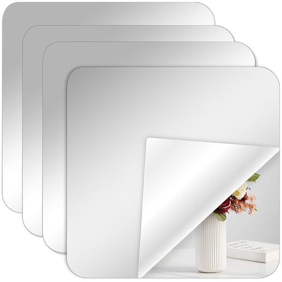 HERFIER 4-Pack Flexible Adhesive Mirror Sheets for Bathroom Walls, Doors, and Home Decoration, 11.79 x 11.79 x 0.08 Inches Each