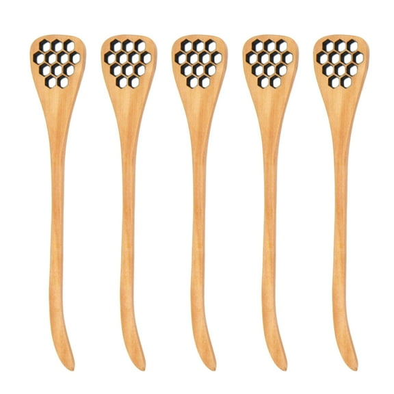 HERFIER 5PCS Wooden Hollow Carving Honey Stirring Spoons Janpanese Style Honeycomb Design Egg Separator Mixing Dippers (Burlywood) 7.07x0.98x0.2in