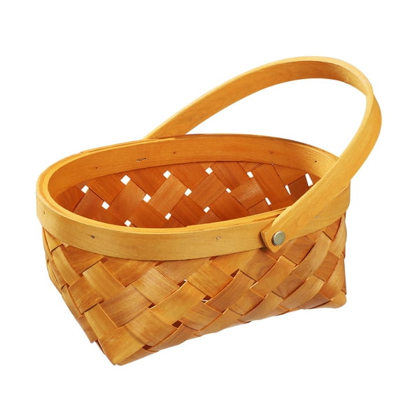 HERFIER Portable Handmade Rattan Storage Container Storage Basket Houseware Storage Basket Wooden Woven Storage Basket with Handle (Small) 8.45x6.29x3.54in