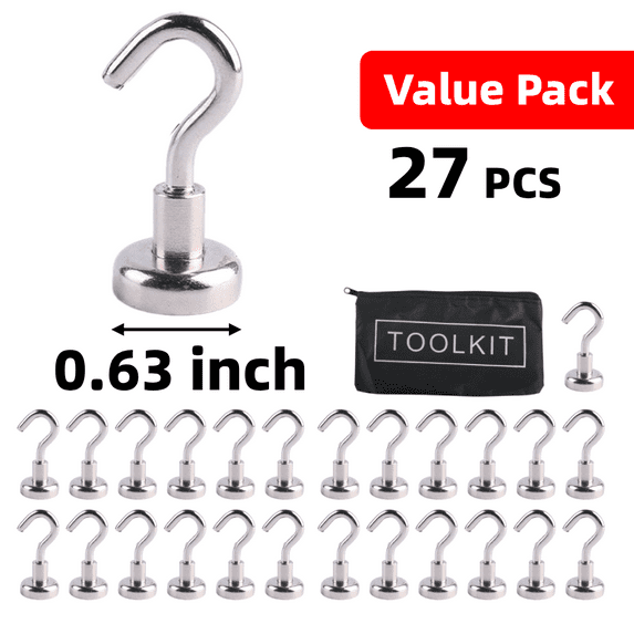 HERFOM 27 PCS Heavy Duty Magnet Hook Set, 0.63 inch, Removable Super Strong Neodymium Magnet