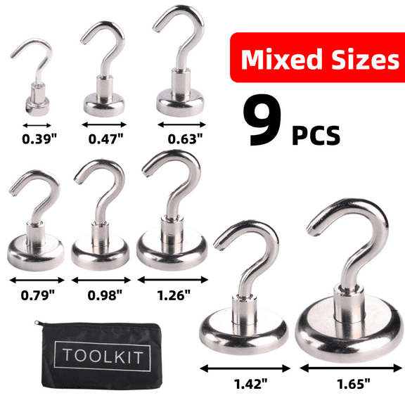 HERFOM 9 PCS Heavy Duty Magnet Hook Set, Mixed Sizes, Removable Super Strong Neodymium Magnet
