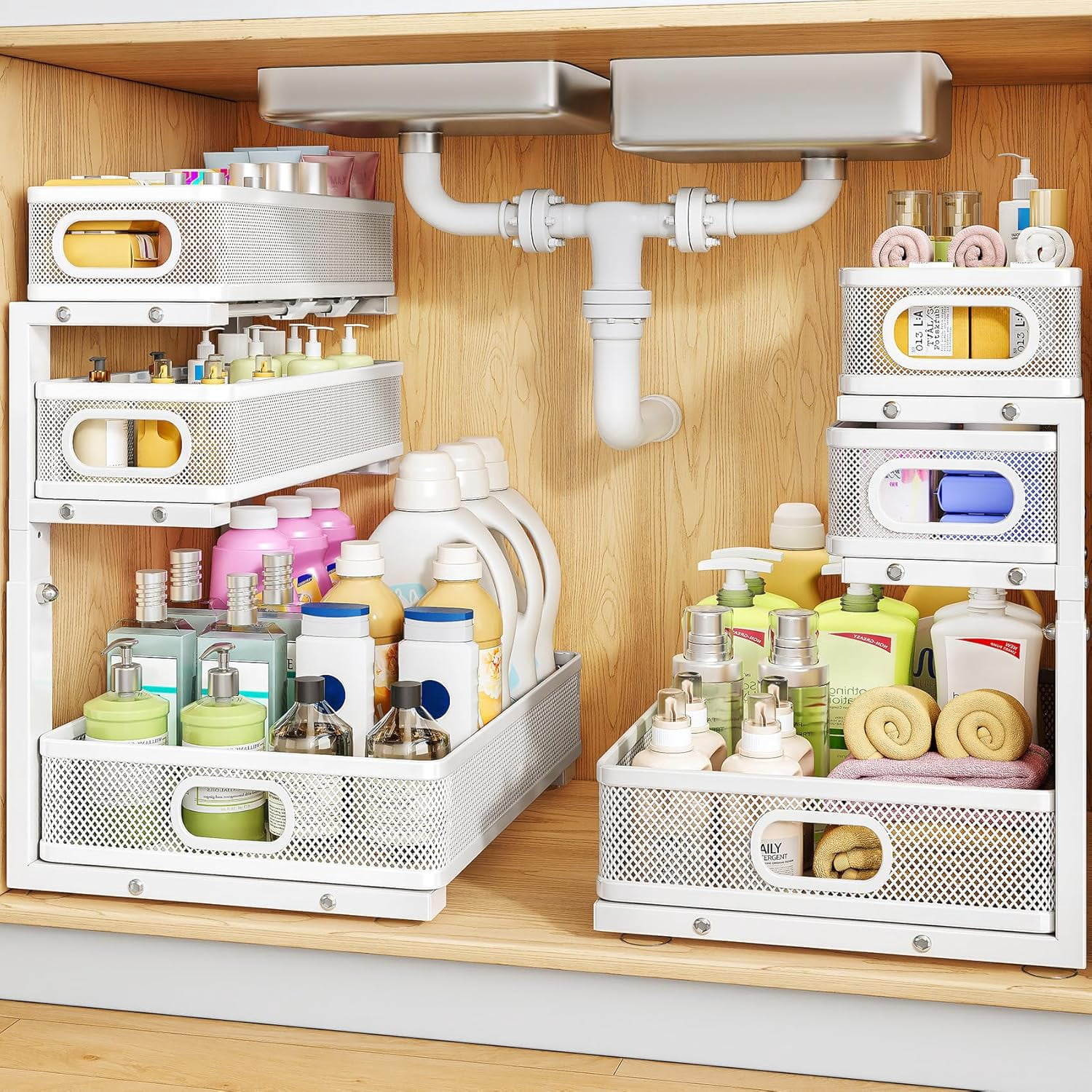 HERJOY Under Sink Organizer, 2-Pack 3-Tier Height Adjustable Thickened Metal Pull out Cabinet Organizer Shelf, Slide out Storage Drawer Rack for Bathroom Kitchen Pantry Home Laundry Organization