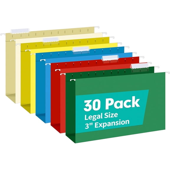 HERKKA Extra Capacity Legal Size Hanging File Folders, 30 Pack Reinforced Legal Size Hanging Folders with Heavy Duty 3 Inch Expansion, Designed for Bulky Files, Medical Charts, Assorted Colors