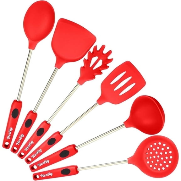 Large 15-Inch Cooking Utensil Set by Herlig, 6-Piece Silicone & Stainless Steel Kitchen Tools  Heat-Resistant, Nonstick, Red