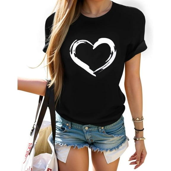 HERLOLLYCHIPS Women Cute Heart Graphic Crewneck Short Sleeve Regular Fit Casual Tee T-Shirts Tshirt Tops100% pure cotton