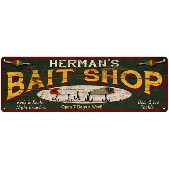HERMAN'S Bait Shop Sign Wood Look Man Cave Den Gift 6x18 Metal 206180024186