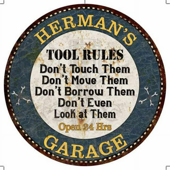 HERMAN'S Garage Rules 12" Round Metal Sign Garage Wall Décor 100140015290