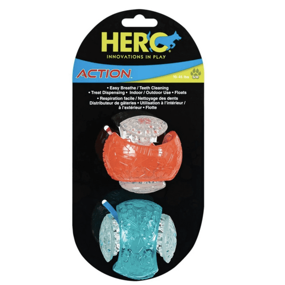 HERO Action Treat Ball   Dog Toys - Puppy Pet 2 pack Indoor outdoor floats teeth cleaning breathe treat dispense  bounce
