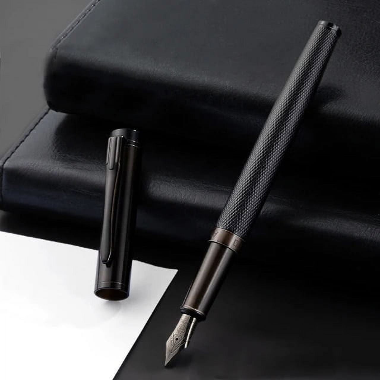 Hongdian Pure Black Fountain Pen - PVD Coated Extra Fine Nib, Solid Metal, Includes Metal Case