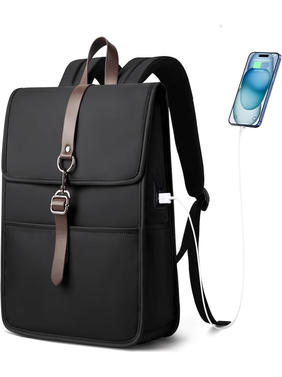Slim Vintage Laptop Backpack for Men & Women, 15.6 Inch Business Work Backpack with USB Charging Port, Anti-Theft Flap Computer Bag for Commuter Travel  Black
