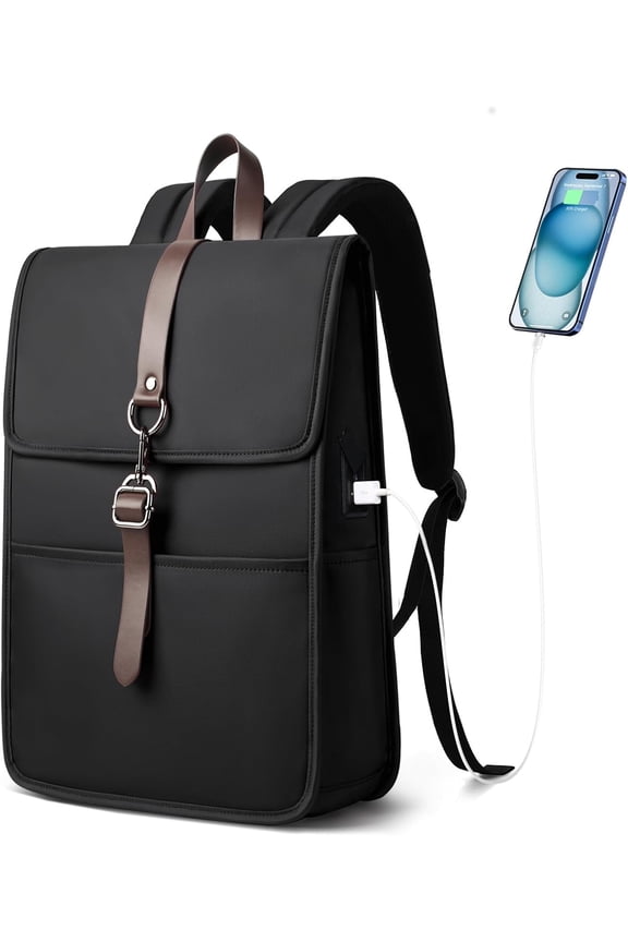 Slim Vintage Laptop Backpack for Men & Women, 15.6 Inch Business Work Backpack with USB Charging Port, Anti-Theft Flap Computer Bag for Commuter Travel Black