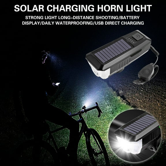 HEROOY Bicycle Light Headlight Solar Horn Light USB Rechargeable Headlight Cycling Strong Flashlight Cycling Equipment (Black)