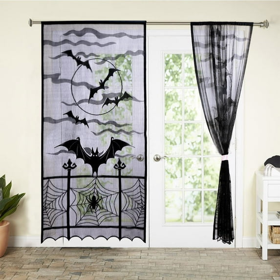 HEROOY Halloween Curtains 84 inches Long, Spider Web Bat Halloween Door Curtain, Black Lace Halloween Curtain Gothic Halloween Kitchen Curtains for Living Room Halloween Window Decorations