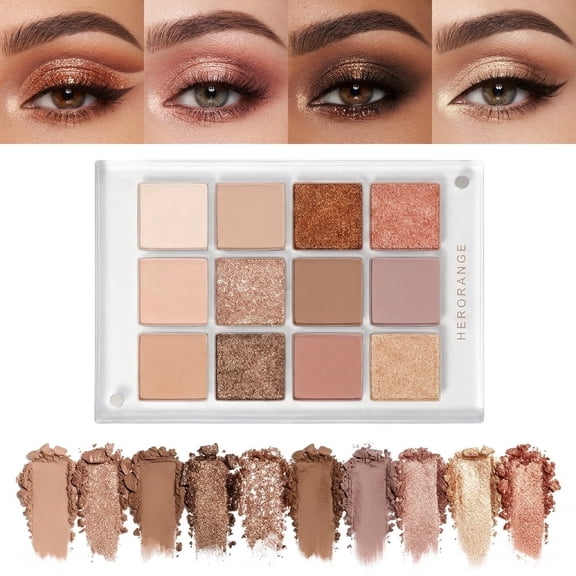HERORANGE Eyeshadow Palette 12 Colors Matte Shimmer, Neutral Smoky Tones Waterproof Long-Lasting Eye Makeup