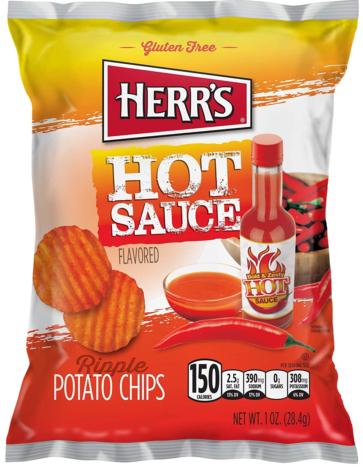 HERR'S Bold \u0026 Zesty Texas Pete Hot Sauce Potato Chips, 1oz Bag (Pack of 24, Total of 24 Oz)