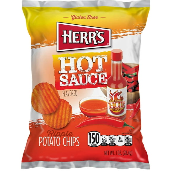 HERR'S Bold & Zesty Texas Pete Hot Sauce Potato Chips, 1oz Bag (Pack of 24, Total of 24 Oz)