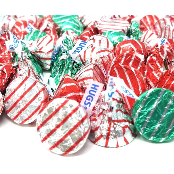 HERSHEY'S KISSES Holiday HUGS White Crme Candy, Red Silver Green Foils, Bulk, 1Lb