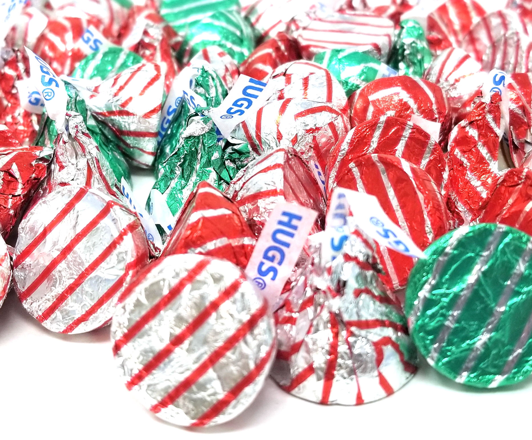 HERSHEY'S KISSES Holiday HUGS White Crème Candy, Red Silver Green Foils, Bulk, 3Lbs