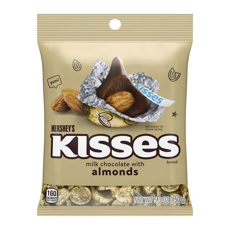 HERSHEY'S, KISSES Milk Chocolate with Almonds Candy, Individually Wrapped, 5.3 oz, Bag