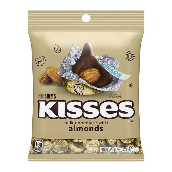HERSHEY'S, KISSES Milk Chocolate with Almonds Candy, Individually Wrapped, 5.3 oz, Bag