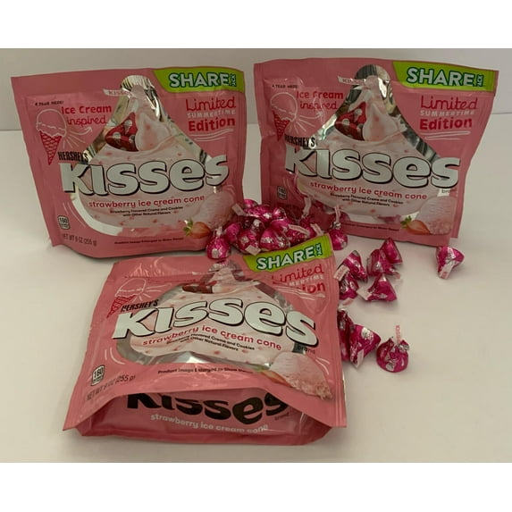 HERSHEY'S Kisses Strawberry Ice Cream Cone Creme & Cookie Candy Bag 9oz Ltd Edition 3pk