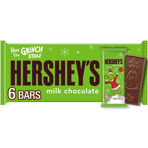 Hershey's Grinch Milk Chocolate Christmas Candy Stocking Stuffers, Bars 1.2 oz, 6 Count