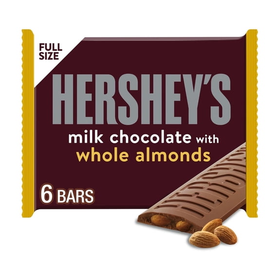 Hershey's Milk Chocolate with Whole Almonds Candy, Bars 1.45 oz, 6-Count (Pack of 32)