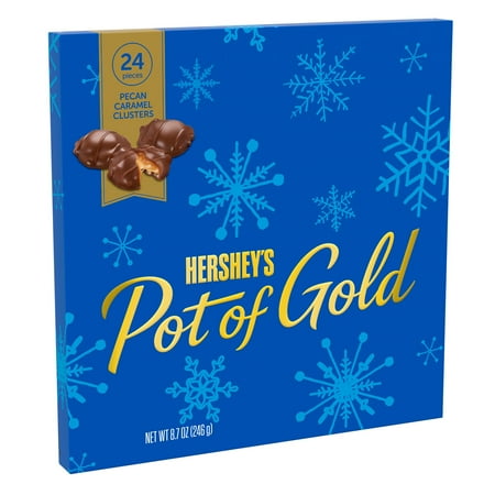 HERSHEY'S, POT OF GOLD Pecan Caramel Clusters Milk Chocolate Candy, Christmas, 8.7 oz, Gift Box (24 Pieces)