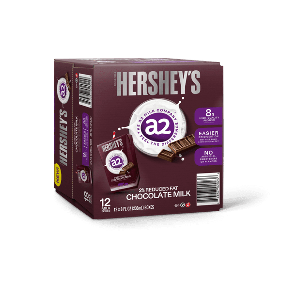 HERSHEYS a2 Milk Chocolate 2% Reduced Fat Milk Boxes, 8 oz, 12-Pack