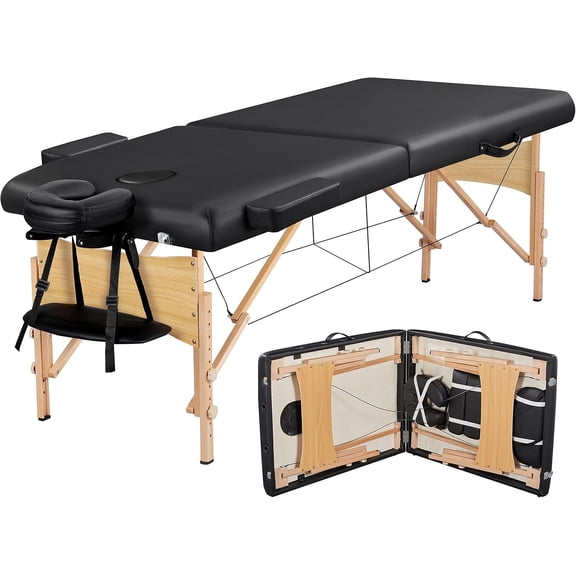 HERUIER 28" Portable Massage Table, 2-Fold Spa Bed for Lash, Tattoo, Esthetician - Adjustable Height, Black