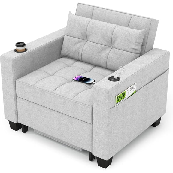 HERUIER 36.6" Futon Chair Bed 3-in-1 Pull Out Sleeper w/USB, Cup Holders, Storage, Adjustable Back, Light Gray Linen for Small Spaces