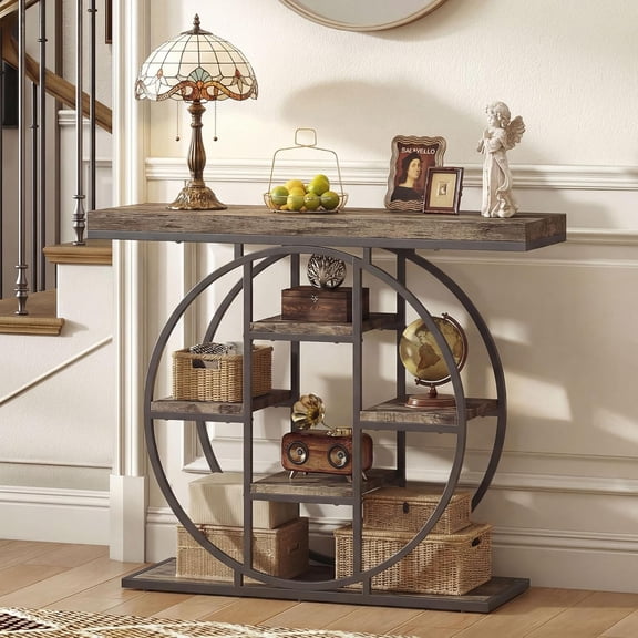 HERUIER 39.4" Industrial Entryway Console Table with Storage, Narrow Sofa Accent Table for Hallway, Foyer, Living Room, Rustic Oak