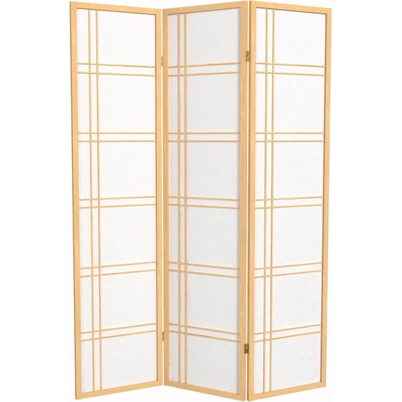 HERUIER 6 ft. Tall Double Cross Shoji Screen, 3 Panels, Natural Wood, Rice Paper, Room Divider