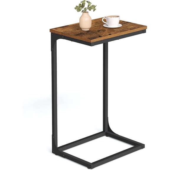HERUIER C-Shaped End Table, Sofa Side Table with Metal Frame, Small TV Tray for Living Room, Bedroom, Rustic Brown & Black ULET353B01
