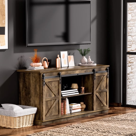 HERUIER Farmhouse TV Stand for 65" TV, Rustic Oak Media Console with Sliding Barn Doors, Storage Cabinets for Living Room, Bedroom