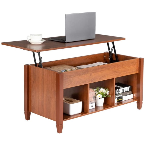 HERUIER Lift Top Coffee Table with Storage, Oak Pop Up Coffee Table, Convertible to Dining Table, Hidden Compartment & 3 Open Shelves