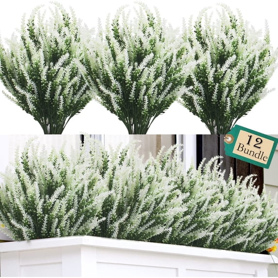 HESHENG 12 Bundles Artificial Lavender Flowers No Fade UV Resistant Fake Plastic Flowers Faux Plants for Outdoor Garden Porch Window Box Wedding Indoor Home Decor, White