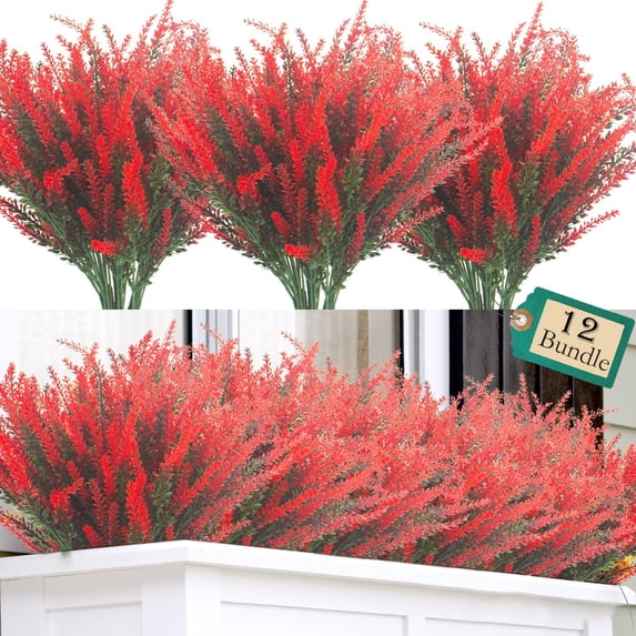 HESHENG 12 Bundles Artificial Lavender Flowers No Fade UV Resistant Fake Plastic Flowers Faux Plants for Outdoor Garden Porch Window Box Wedding Indoor Home Decor, Red