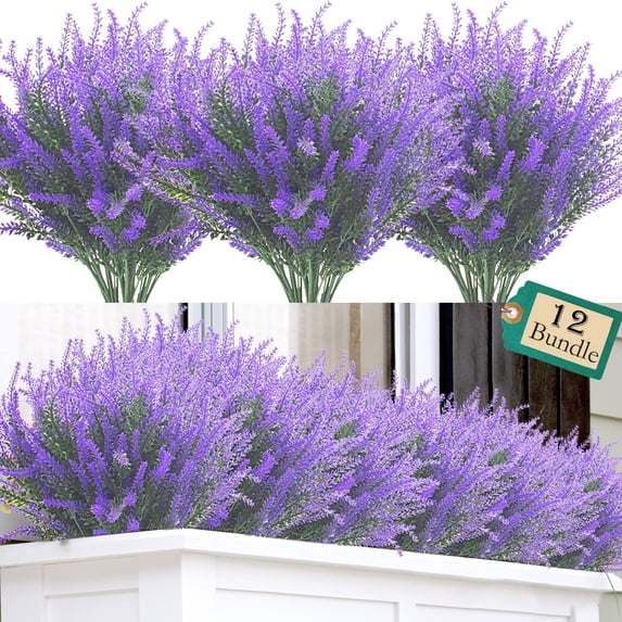 HESHENG 12 Bundles Artificial Lavender Flowers No Fade UV Resistant Fake Plastic Flowers Faux Plants for Outdoor Garden Porch Window Box Wedding Indoor Home Decor, Purple