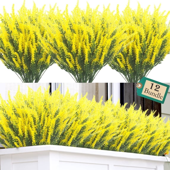HESHENG 12 Bundles Artificial Lavender Flowers No Fade UV Resistant Fake Plastic Flowers Faux Plants for Outdoor Garden Porch Window Box Wedding Indoor Home Decor, Yellow