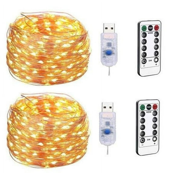 HESHENG 2Pack 200LED Copper Wire String Lights USB String Lights with Remote 8 Modes Lights Watertight Remote Control Timer, Warm White