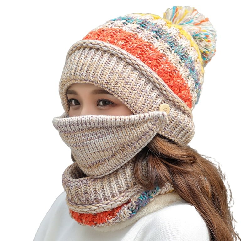 Women Beanie Neckerchief with Detachable Hair Plush Warm Winter Hat 2-Piece Set: Women main image 2